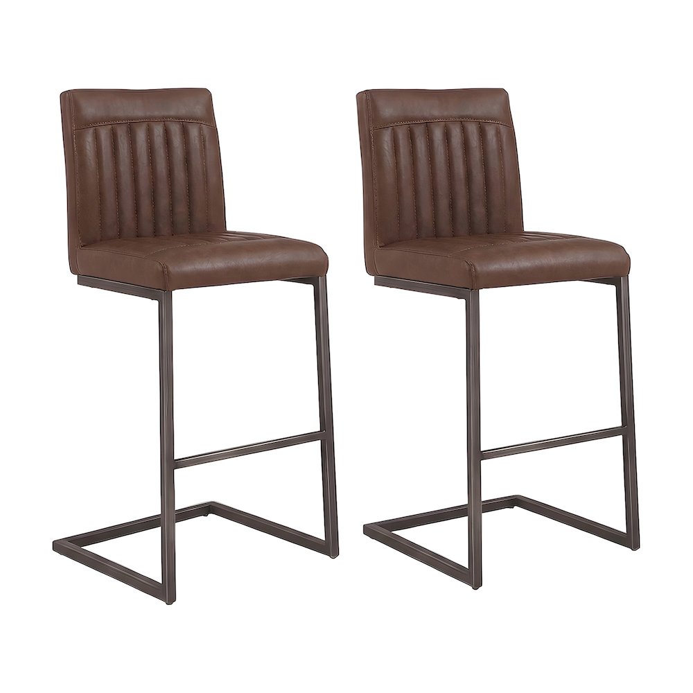 PU-Upholstered Counter Stools with Channel-Tufted Seat, Cigar Brown, Set of 2