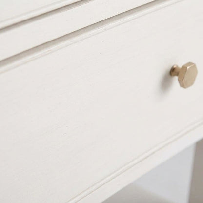 Elegant White Nightstand with Two Drawers and Pull-Out Shelf Design