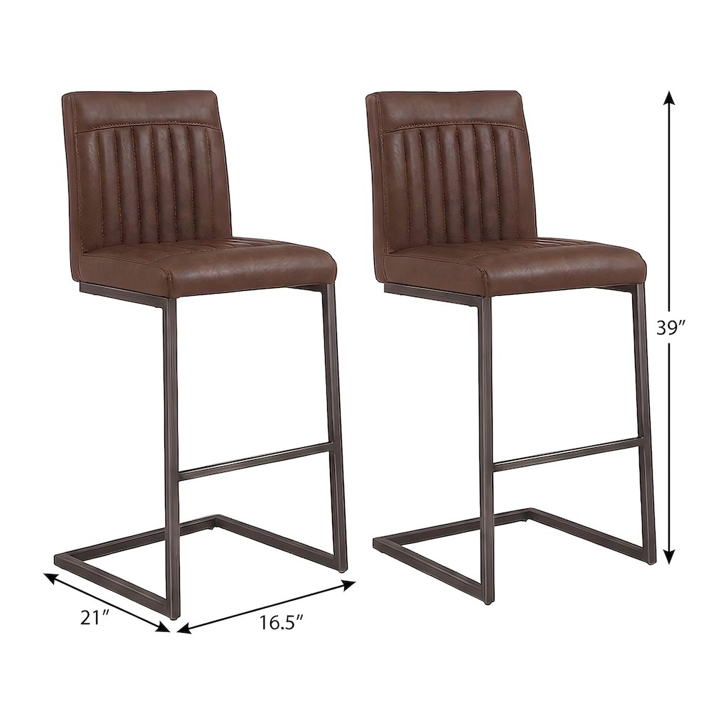 PU-Upholstered Counter Stools with Channel-Tufted Seat, Cigar Brown, Set of 2