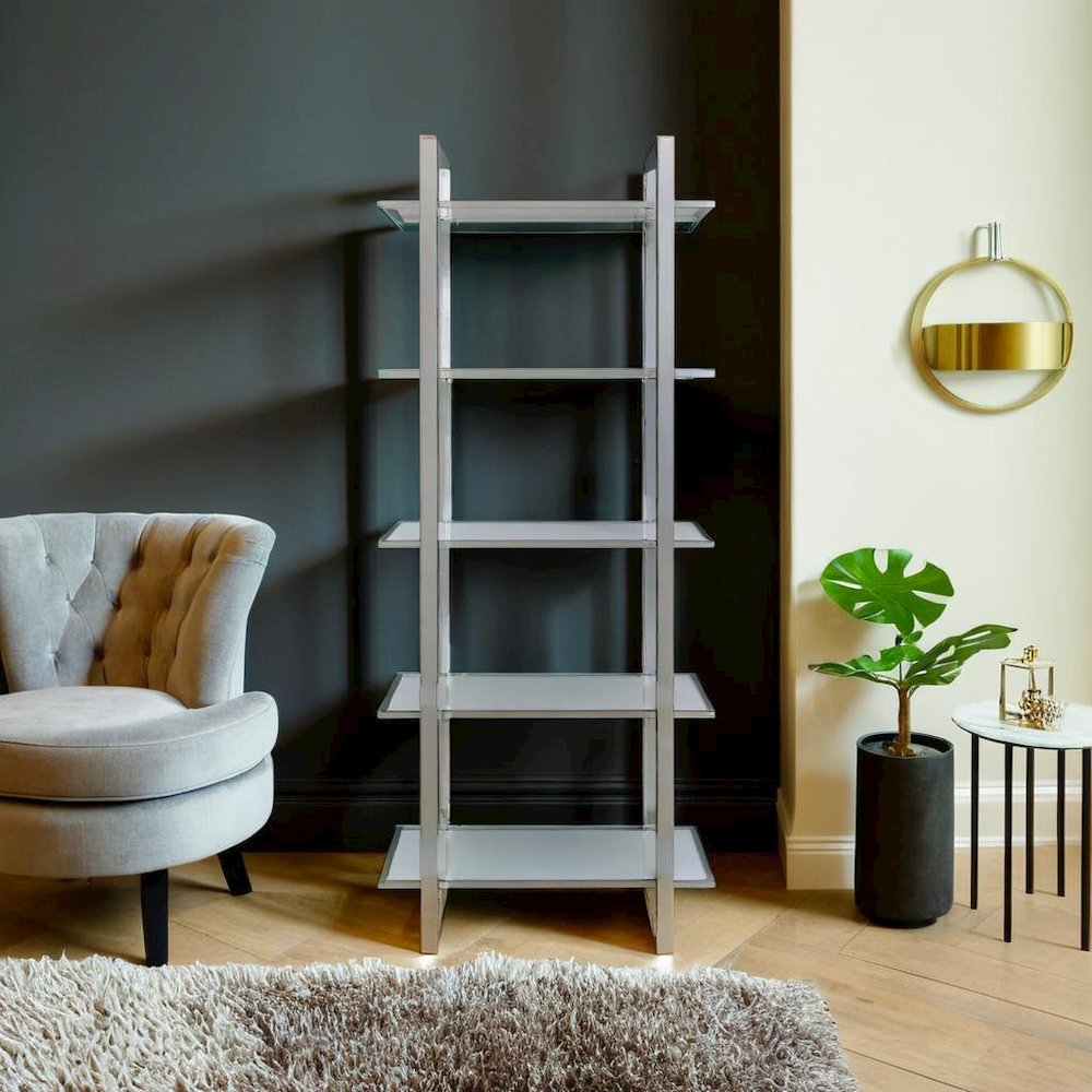 Sleek Five-Tier Bookcase with Glass Shelves and Polished Chrome Frame