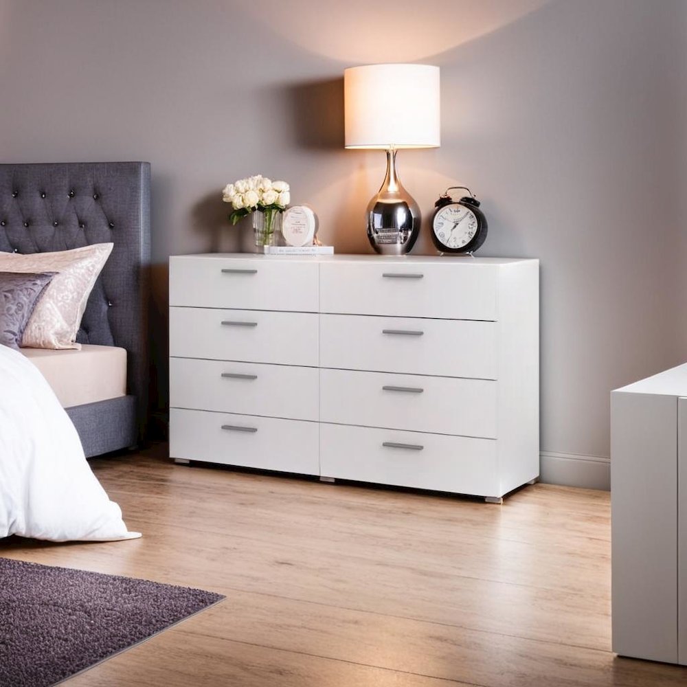 Sleek White Double Dresser with Eight Spacious Drawers for Bedroom Storage