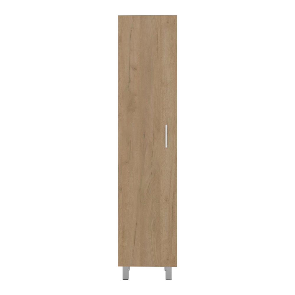 Vernon Slim Storage Cabinet with 4-Tier Shelf and Broom Hangers, Natural Oak