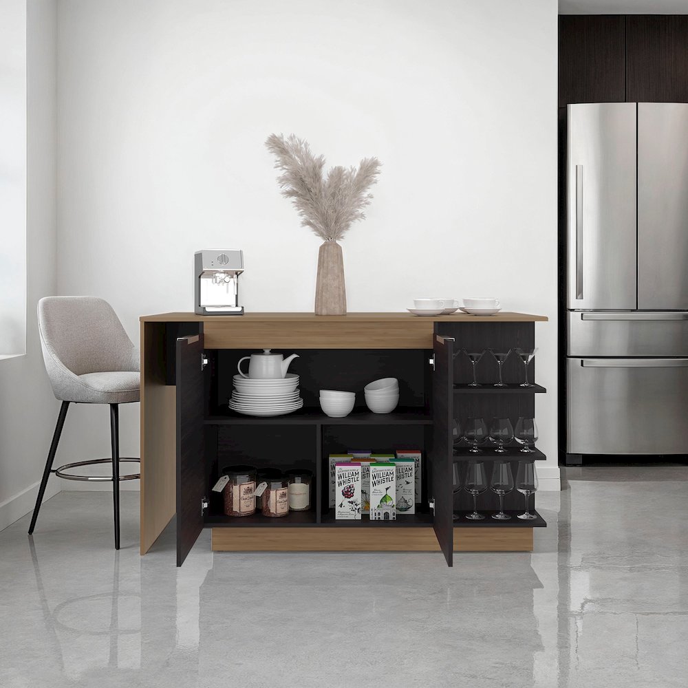 Dwight Kitchen Bar Counter with Shelves and Cabinets, Black Wengue / Natural Oak