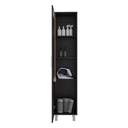 Vernon Slim Storage Cabinet with 4-Tier Shelf and Broom Hangers, Dark Walnut