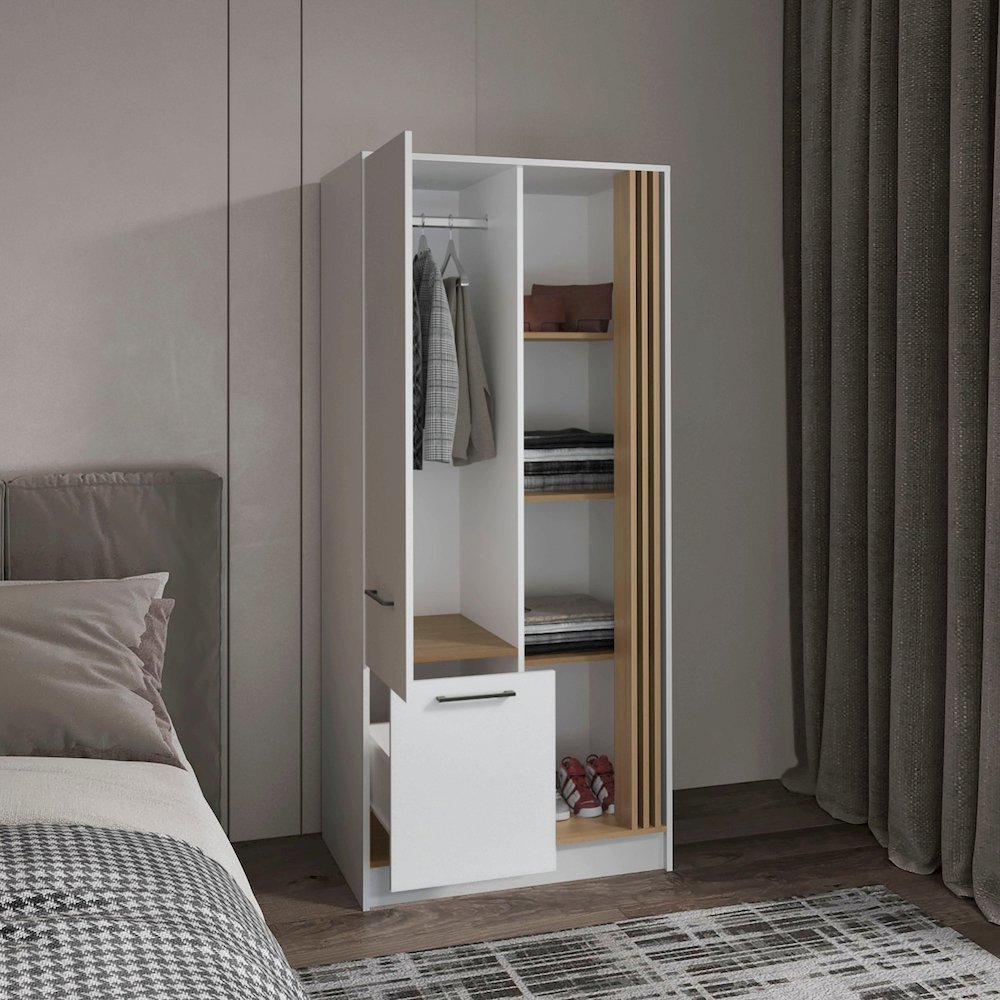 Ferndale Armoire, 1 Door, 1 Drawer, 5 Shelves, White/Natural Oak