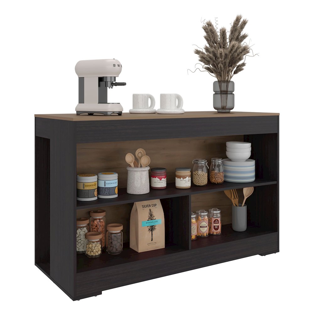 Makoti Kitchen Island 34", 3 Spacious Open Shelves, Black Wengue / Natural Oak