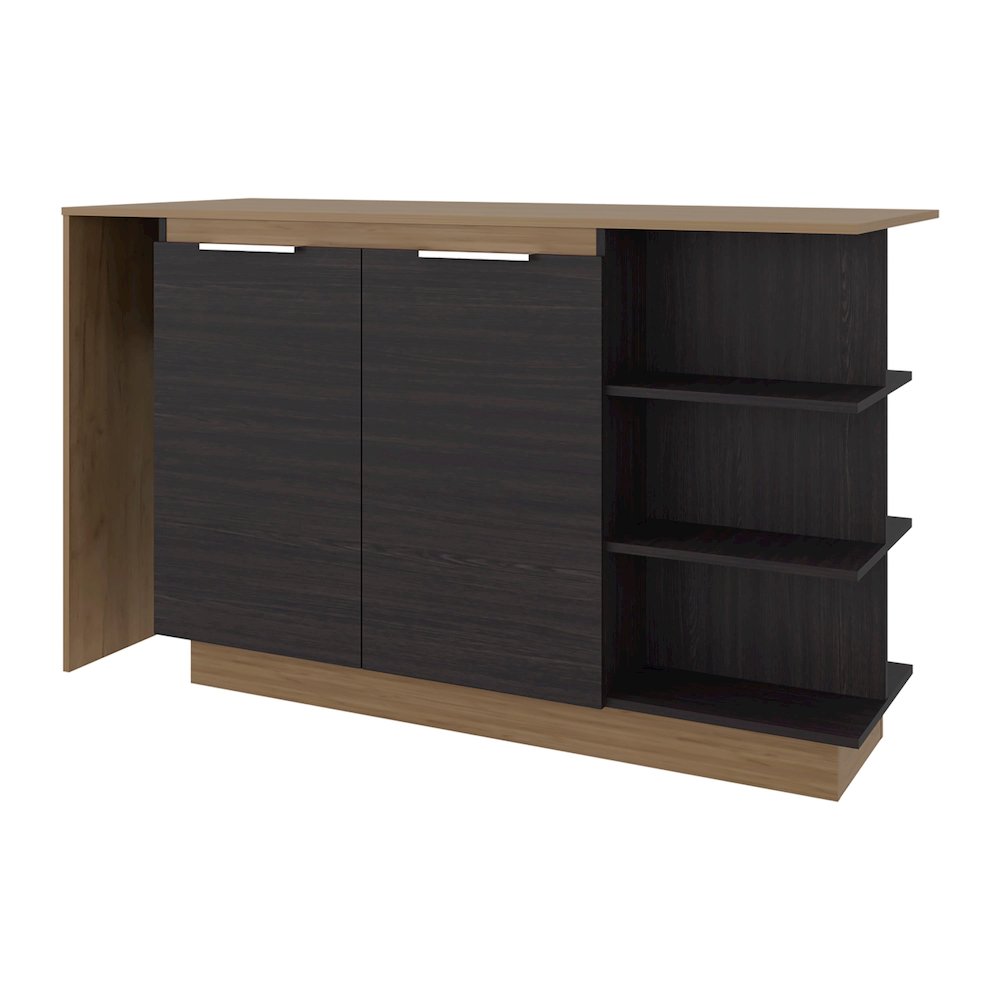 Dwight Kitchen Bar Counter with Shelves and Cabinets, Black Wengue / Natural Oak