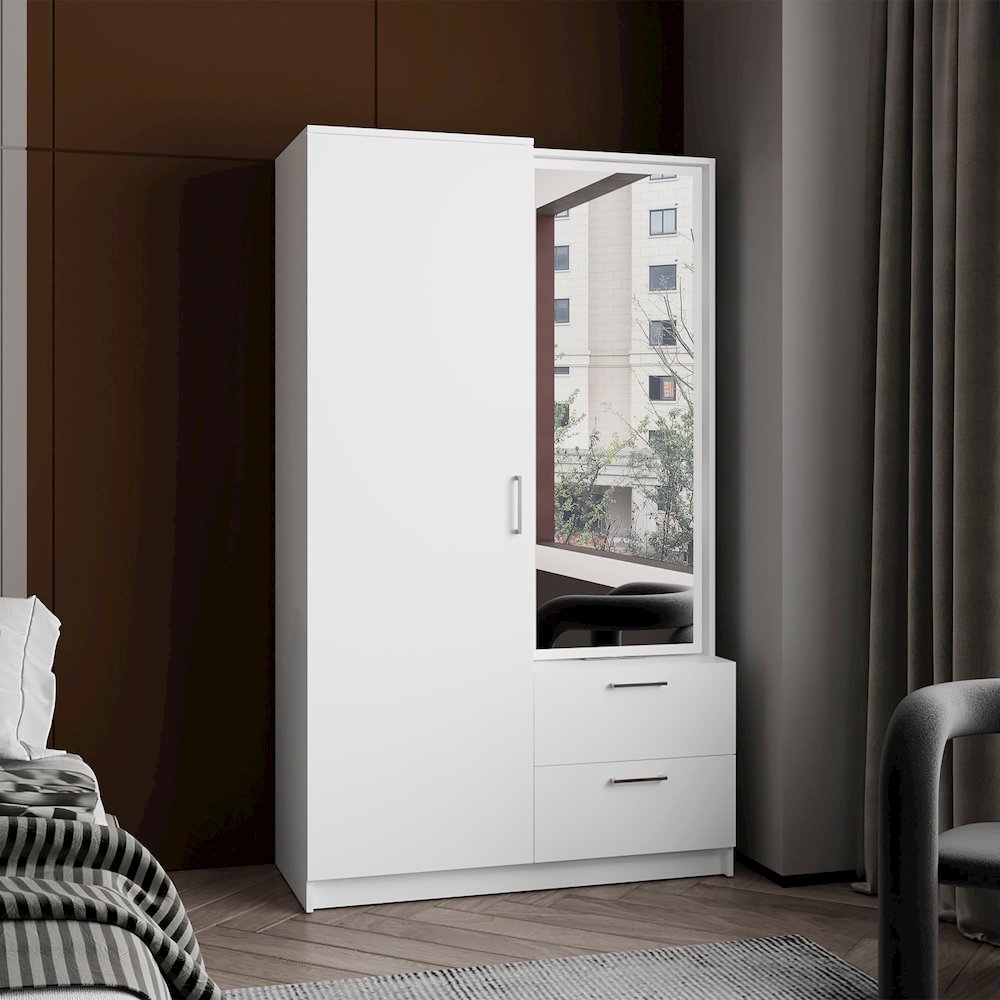 Vinco Armoire, 1 Door, 2 Drawers, 6 Shelves, 1 Mirror, White