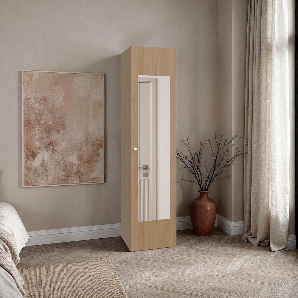 1 Door Wardrobe 67" H with Mirror and Vertical Storage Design, Natural Oak
