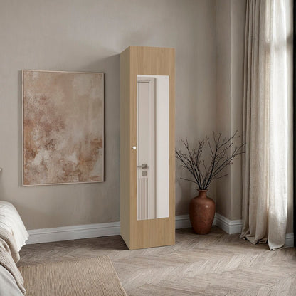 1 Door Wardrobe 67" H with Mirror and Vertical Storage Design, Natural Oak