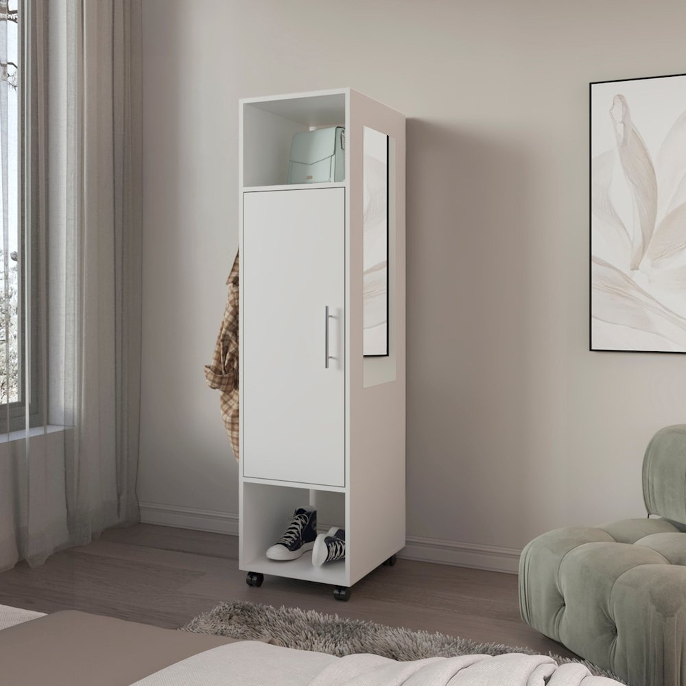 Ambler Armoire with 1 Door, 3 Shelves, and Full-Length Mirror, White