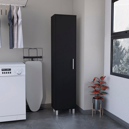 70.8H" Tall Narrow Storage Cabinet with 5-Tier Shelf, 3 Broom Hangers, Black