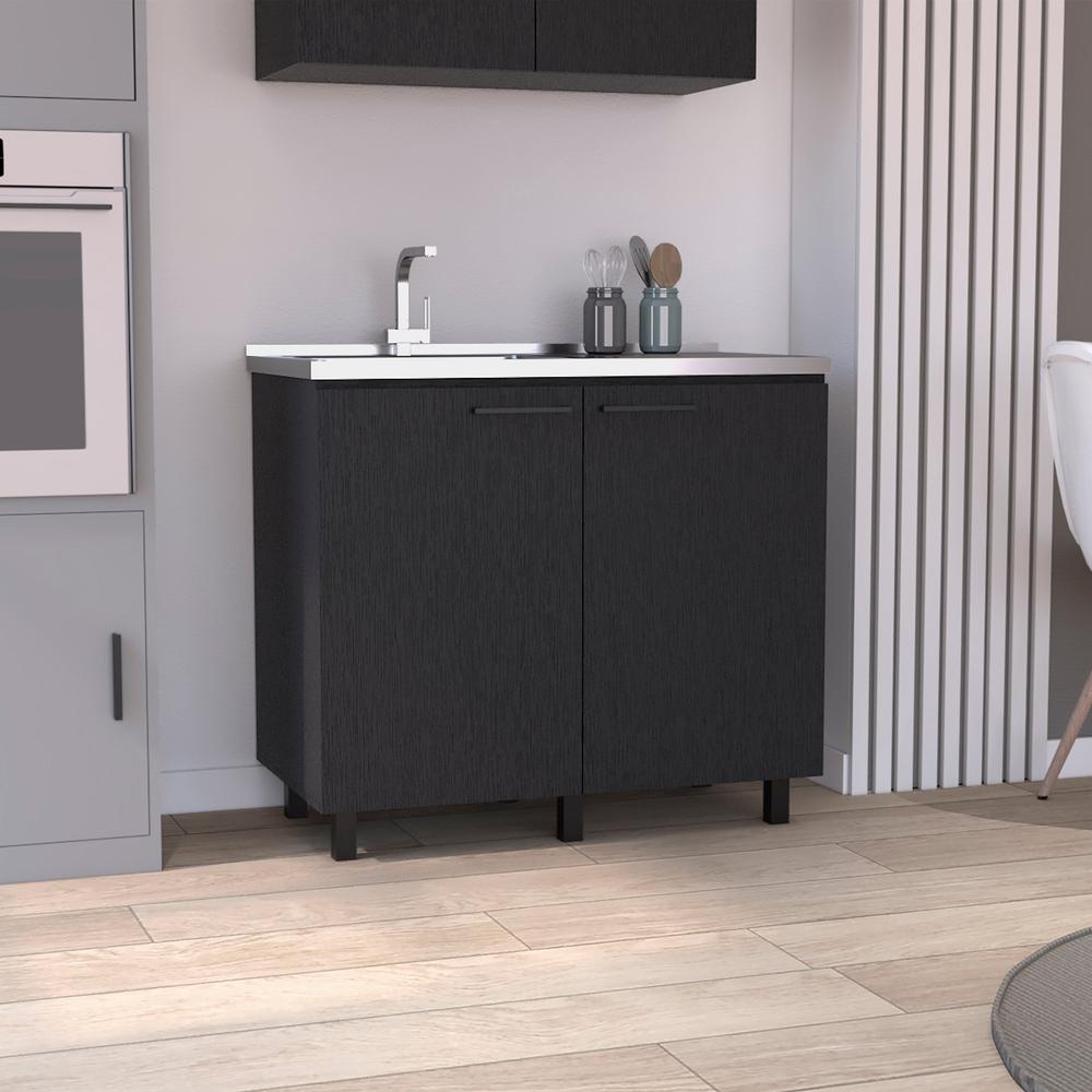 DEPOT E-SHOP Salento 2 Freestanding Utility Base Cabinet with Stainless Steel Countertop and 2-Door, Black