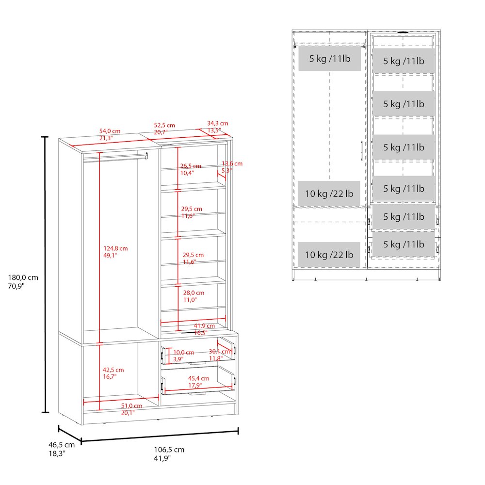 Vinco Armoire, 1 Door, 2 Drawers, 6 Shelves, 1 Mirror, White