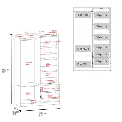 Vinco Armoire, 1 Door, 2 Drawers, 6 Shelves, 1 Mirror, White