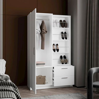 Vinco Armoire, 1 Door, 2 Drawers, 6 Shelves, 1 Mirror, White