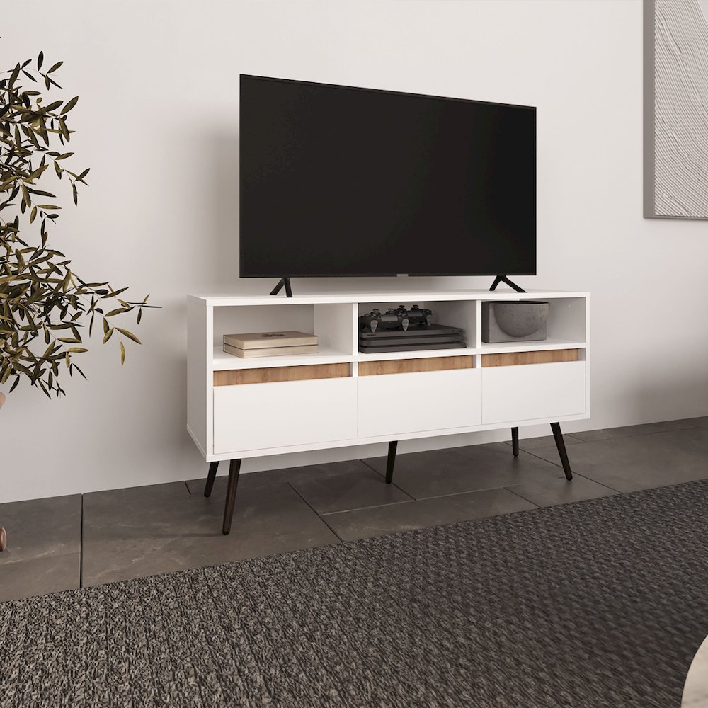 Barrow TV Stand, 3 Drawers, 3 Shelves, White / Natural Oak
