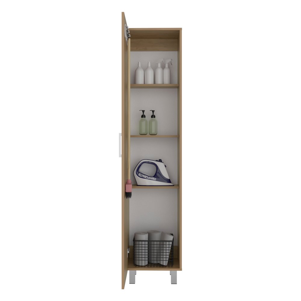 Vernon Slim Storage Cabinet with 4-Tier Shelf and Broom Hangers, Natural Oak