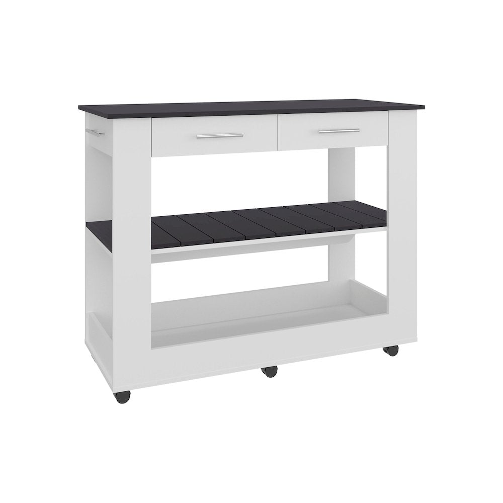 Delos Kitchen Island, 2 Drawers, 6 Wheels, 2 Shelves, White / Black Wengue