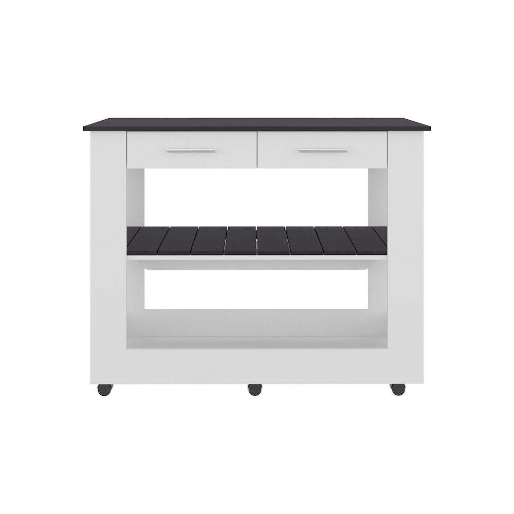 Delos Kitchen Island, 2 Drawers, 6 Wheels, 2 Shelves, White / Black Wengue