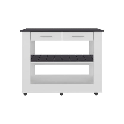 Delos Kitchen Island, 2 Drawers, 6 Wheels, 2 Shelves, White / Black Wengue