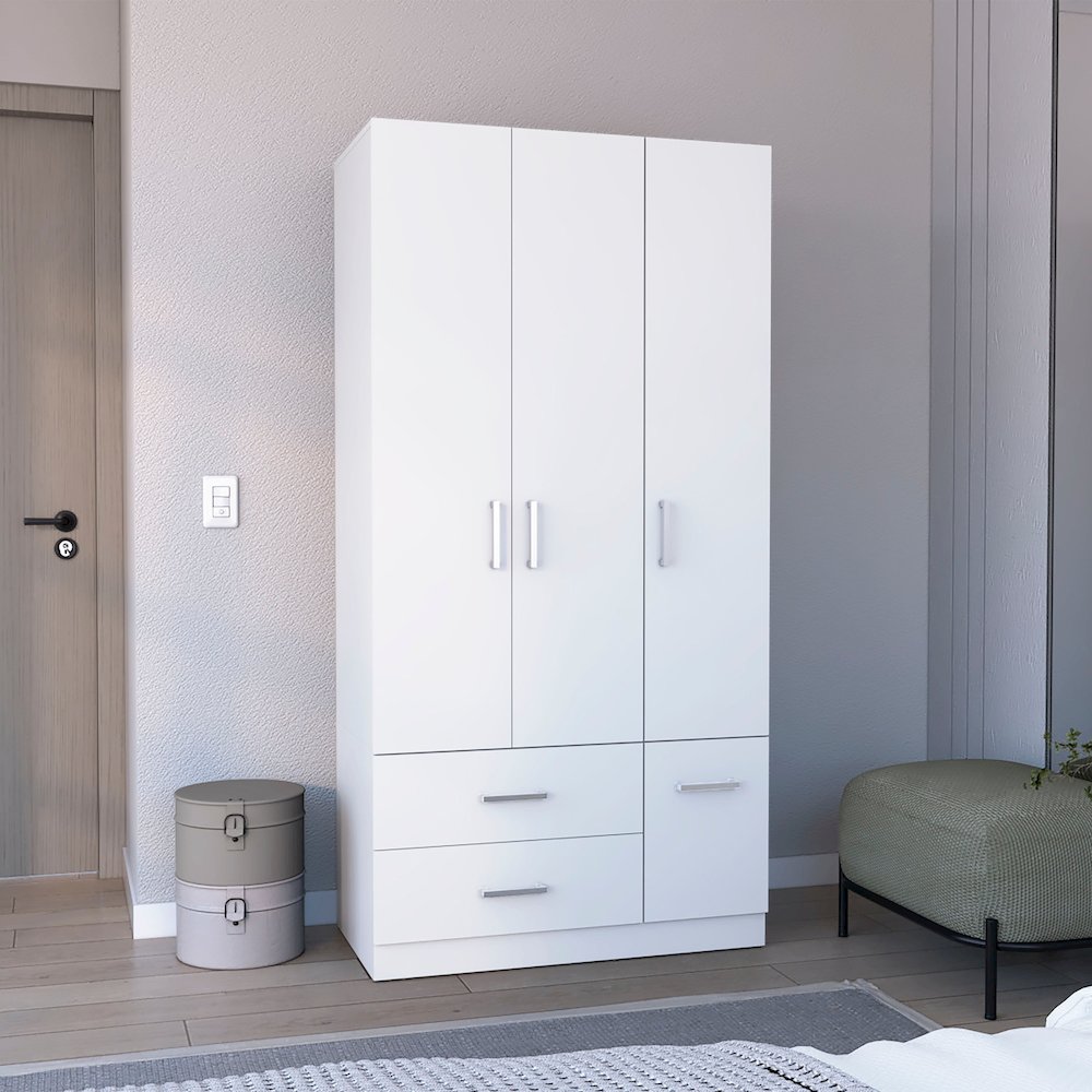 Armoire Wardrove 71", 4 Doors, Hanging Rod, 3 Cabinets, 6 Shelves, White