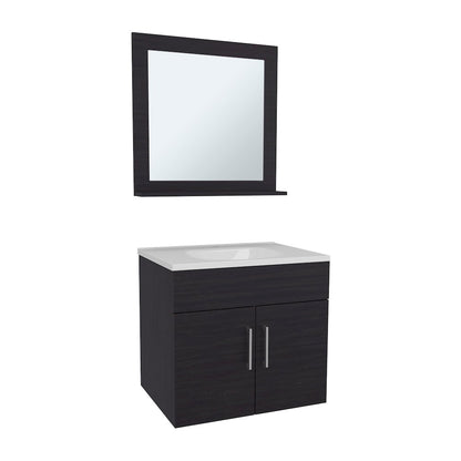 Jette Bathroom Set, Vanity Sink, 2 Doors, 1 Shelf, 1 Mirror, Black Wengue