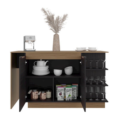 Dwight Kitchen Bar Counter with Shelves and Cabinets, Black Wengue / Natural Oak