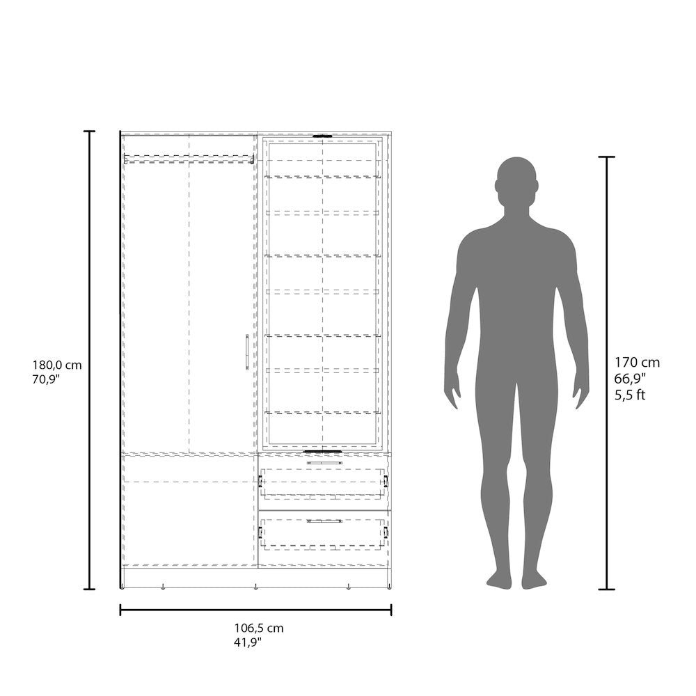 Vinco Armoire, 1 Door, 2 Drawers, 6 Shelves, 1 Mirror, White