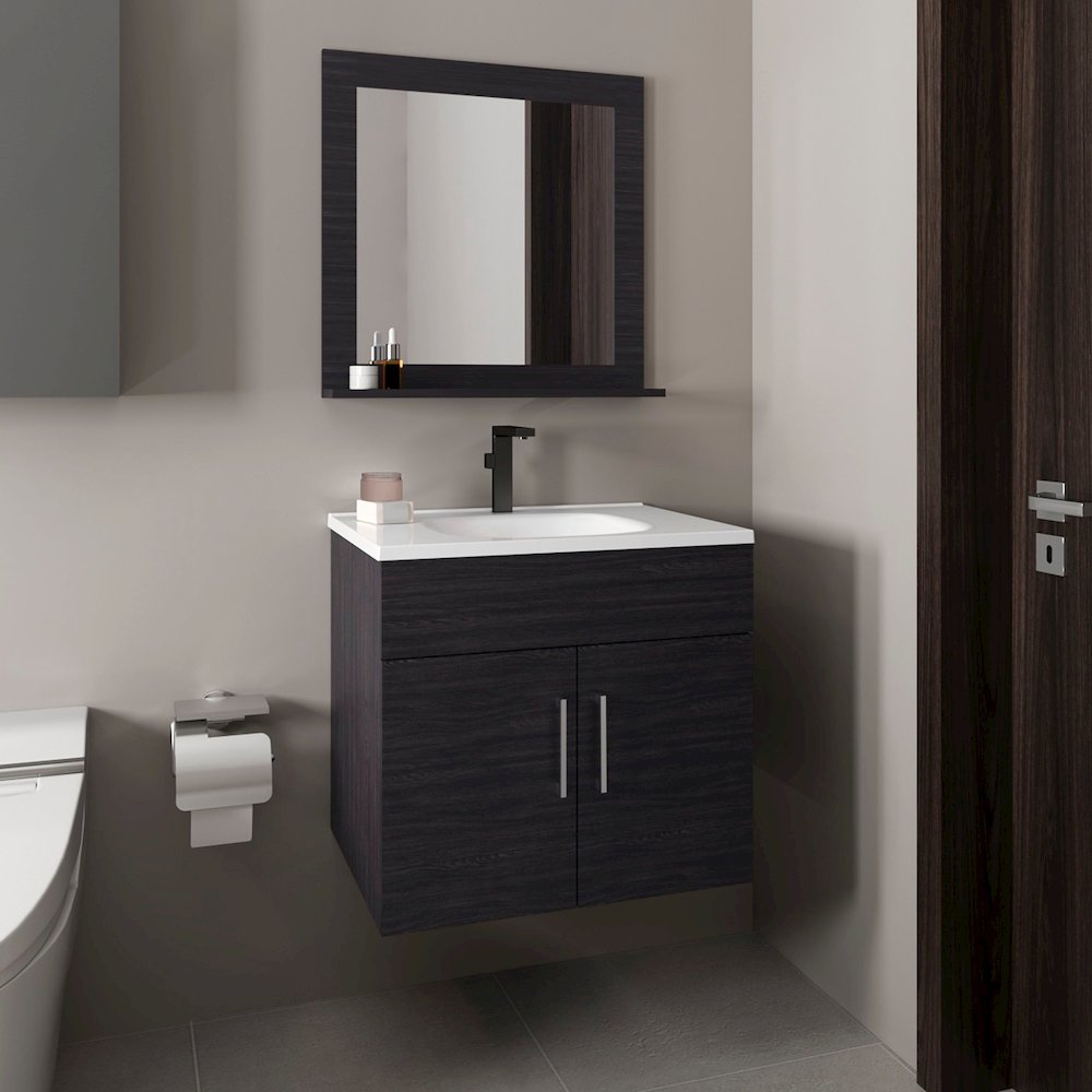 Jette Bathroom Set, Vanity Sink, 2 Doors, 1 Shelf, 1 Mirror, Black Wengue