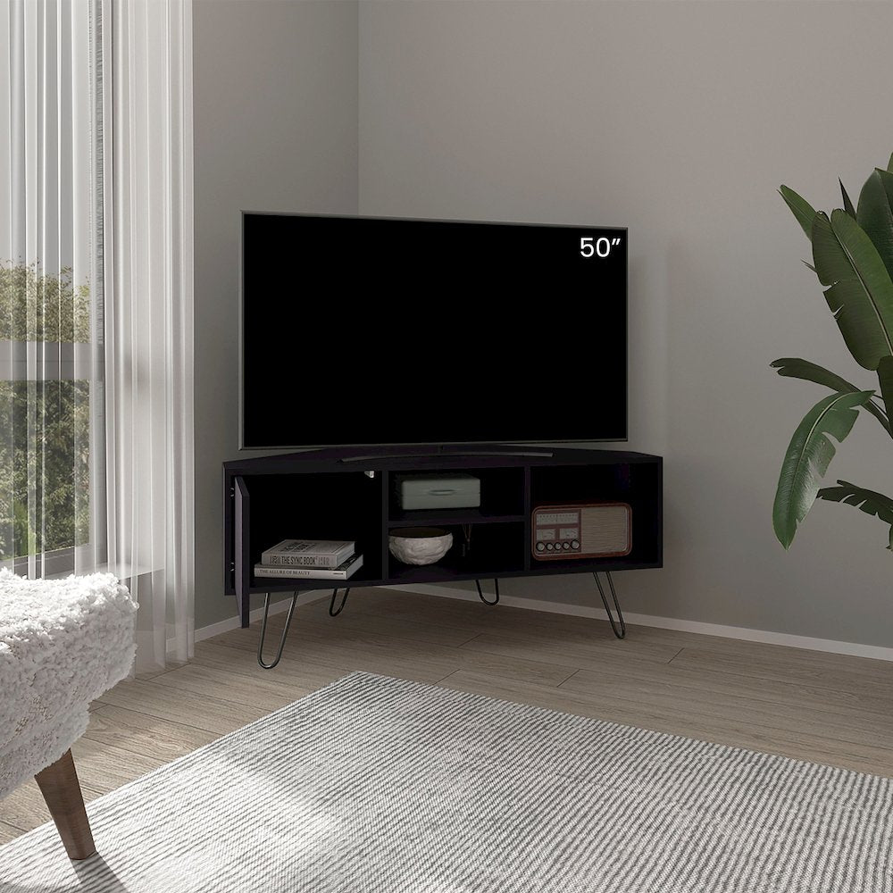 Jenks TV Stand, 1 Door, 3 Shelves, 4 Legs, Black
