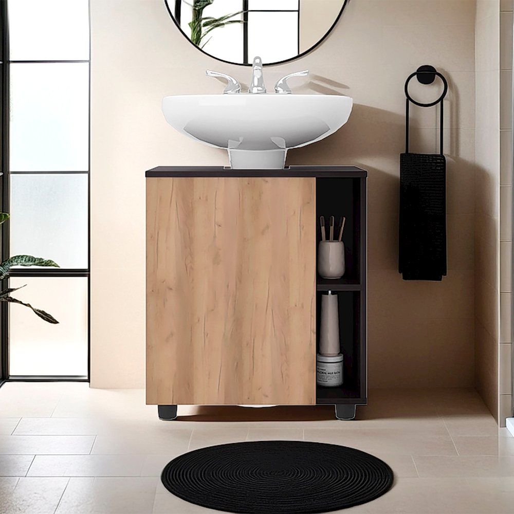 Gorman Under Sink Storage, 1 Door, 3 Shelves, 4 Legs, Natural Oak / Black Wengue
