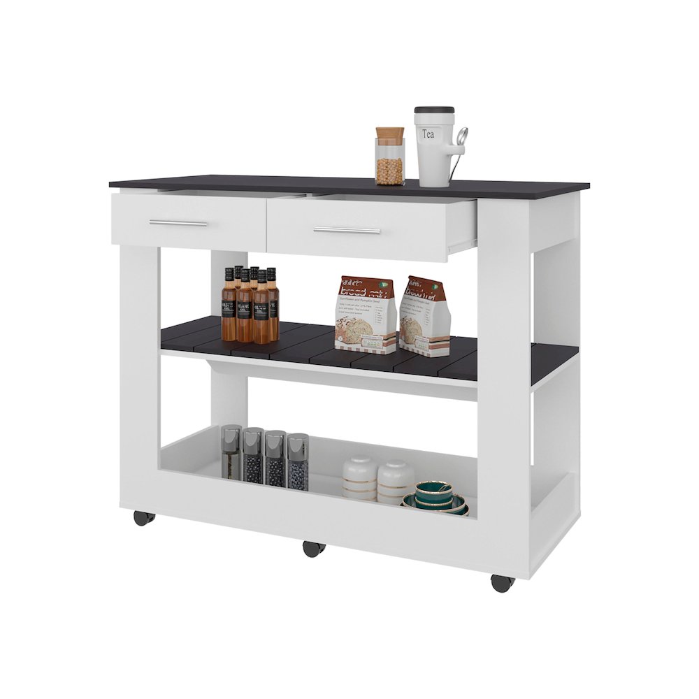 Delos Kitchen Island, 2 Drawers, 6 Wheels, 2 Shelves, White / Black Wengue