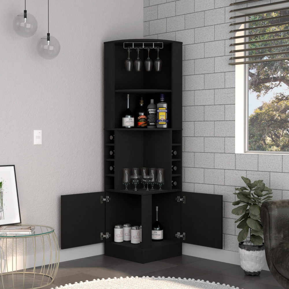 Depot E-Shop Cairo Corner Bar Cabinet, Double Door Cabinet, Glass Rack, Eight Built-in Wine Rack, Black