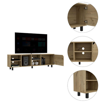 DEPOT E-SHOP Conquest Tv Stand, Back Holes, Four Open Shelves, Five Legs- Light Oak, For Living Room