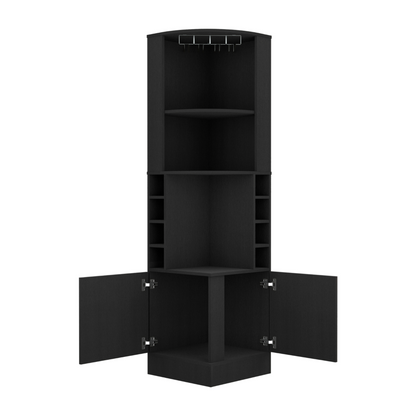 Depot E-Shop Cairo Corner Bar Cabinet, Double Door Cabinet, Glass Rack, Eight Built-in Wine Rack, Black