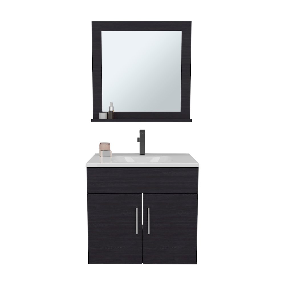 Jette Bathroom Set, Vanity Sink, 2 Doors, 1 Shelf, 1 Mirror, Black Wengue