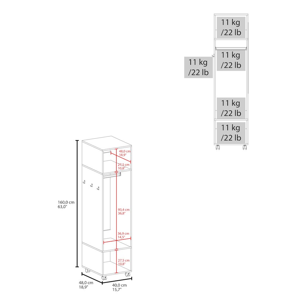Cordova Armoire with 3 Shelves, 1 Mirror, and 4 Wheels, White