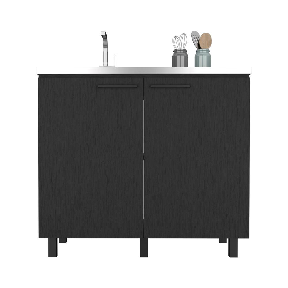 DEPOT E-SHOP Salento 2 Freestanding Utility Base Cabinet with Stainless Steel Countertop and 2-Door, Black