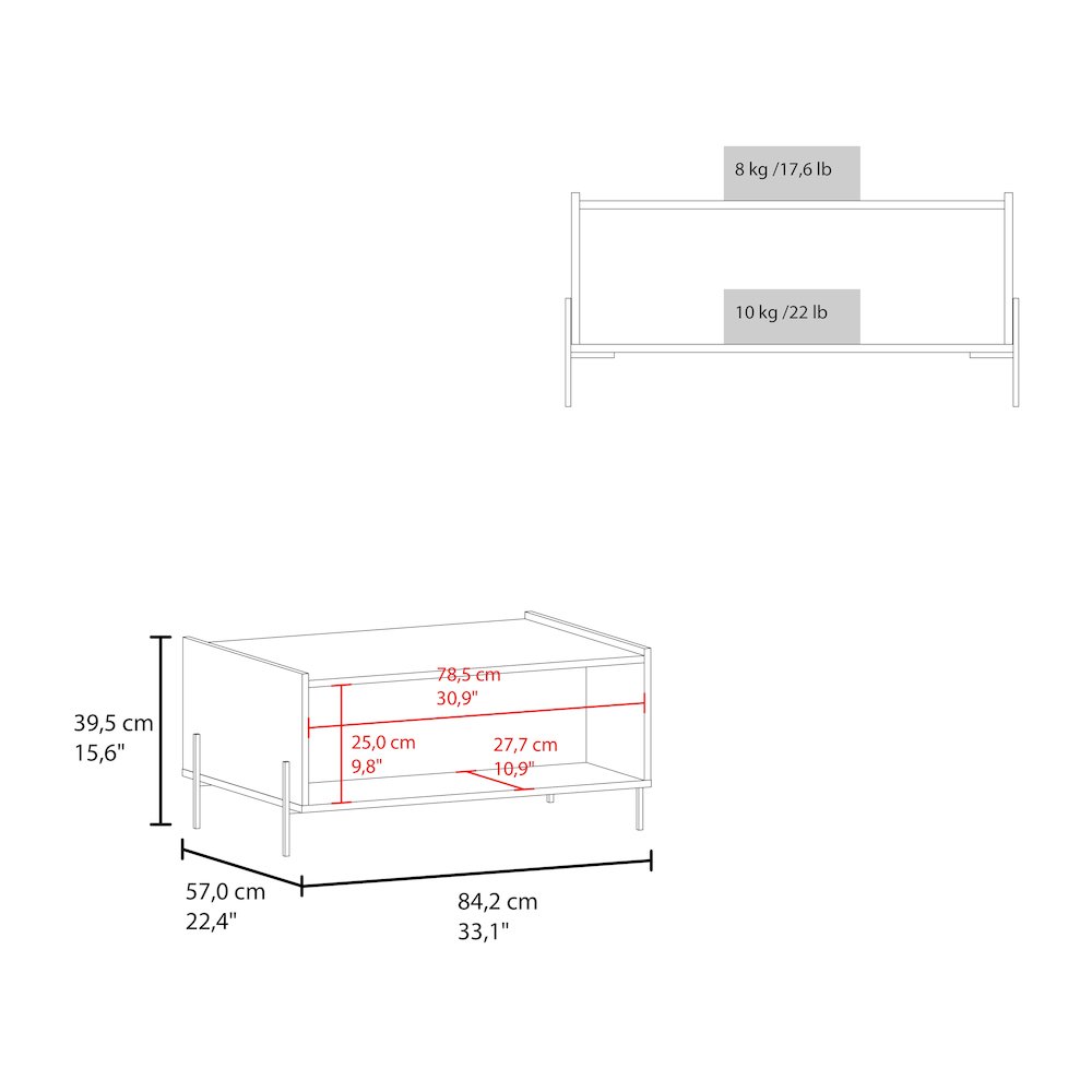 Juneau Coffee Table, 1 shelf, 4 legs, White