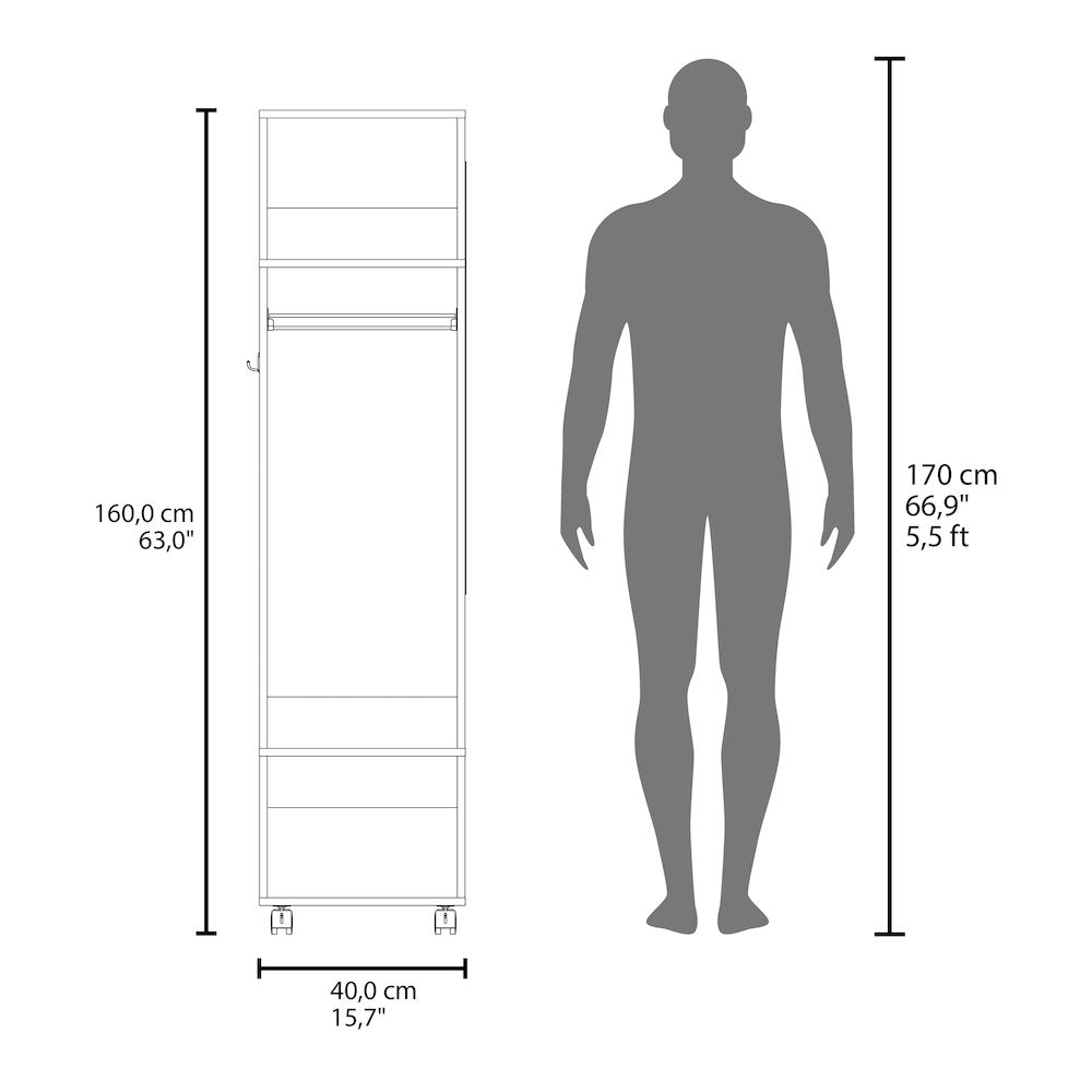 Cordova Armoire with 3 Shelves, 1 Mirror, and 4 Wheels, White