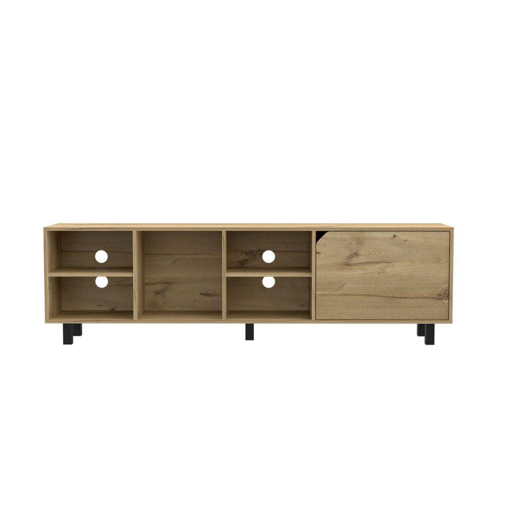 DEPOT E-SHOP Conquest Tv Stand, Back Holes, Four Open Shelves, Five Legs- Light Oak, For Living Room