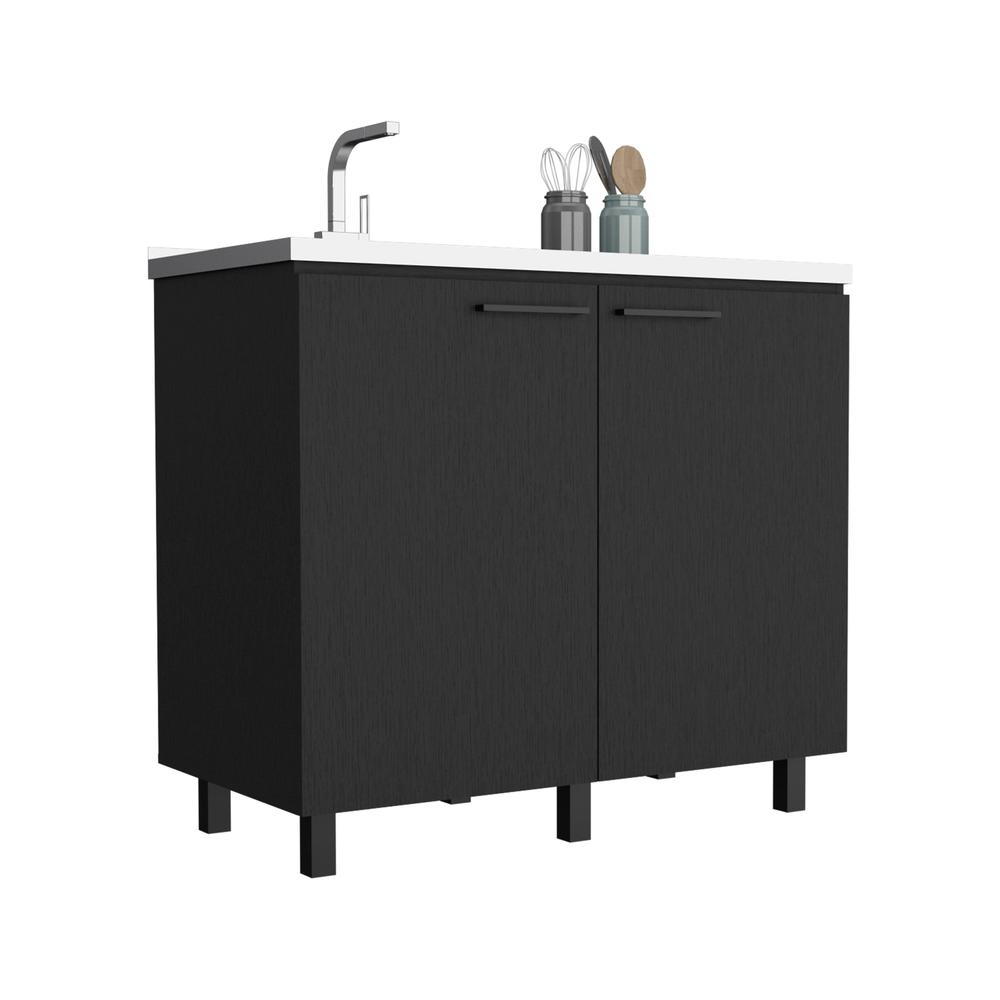 DEPOT E-SHOP Salento 2 Freestanding Utility Base Cabinet with Stainless Steel Countertop and 2-Door, Black