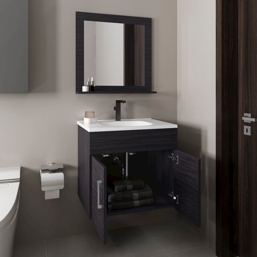 Jette Bathroom Set, Vanity Sink, 2 Doors, 1 Shelf, 1 Mirror, Black Wengue