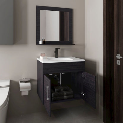 Jette Bathroom Set, Vanity Sink, 2 Doors, 1 Shelf, 1 Mirror, Black Wengue
