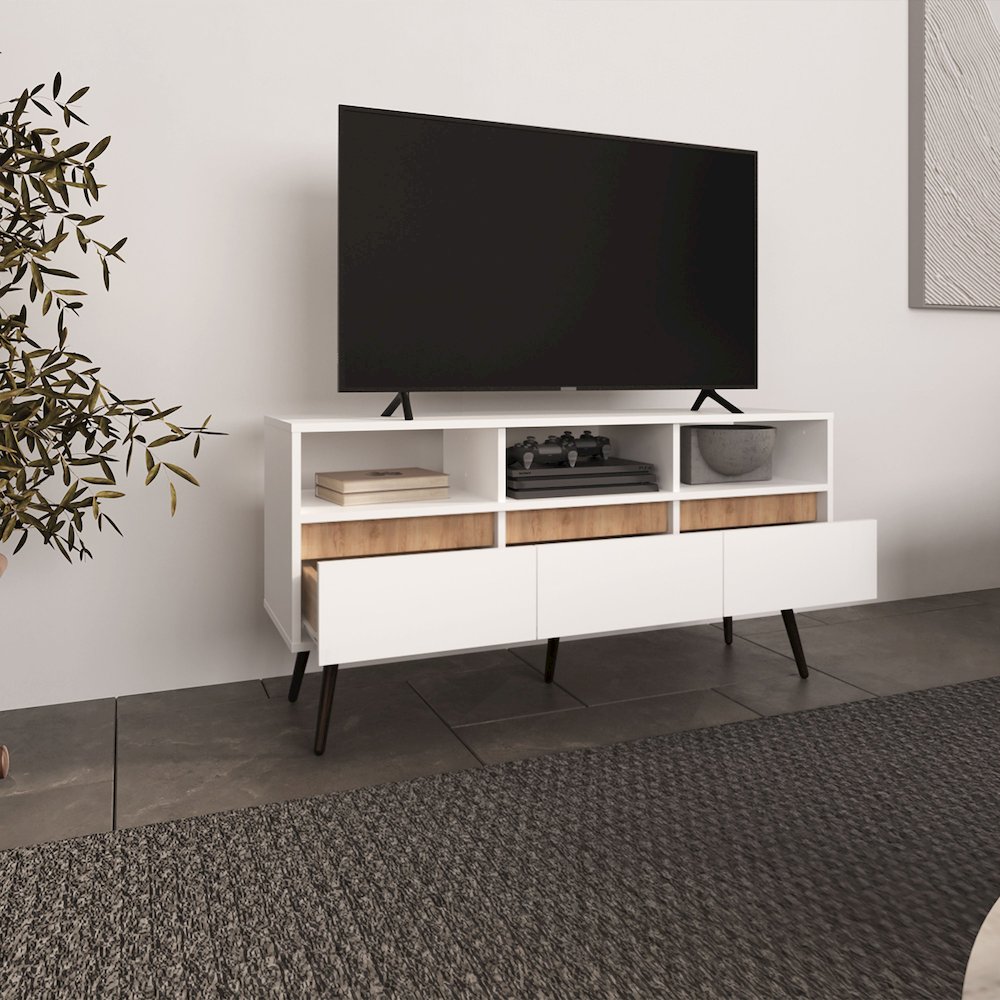 Barrow TV Stand, 3 Drawers, 3 Shelves, White / Natural Oak