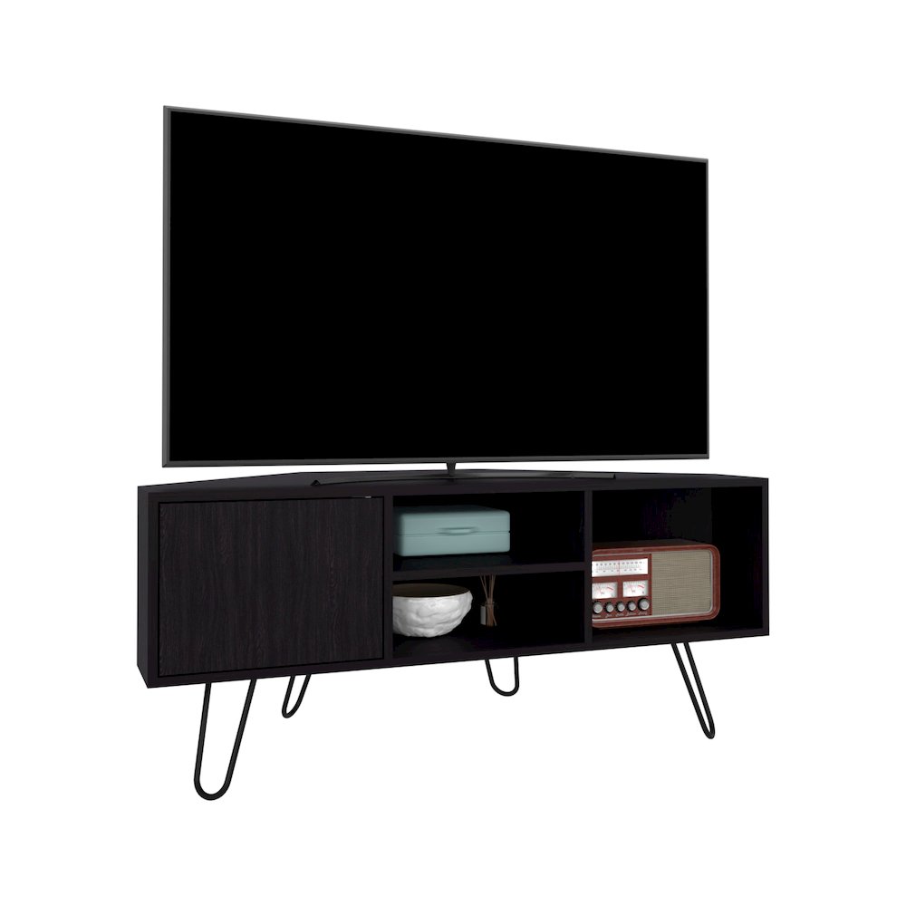 Jenks TV Stand, 1 Door, 3 Shelves, 4 Legs, Black