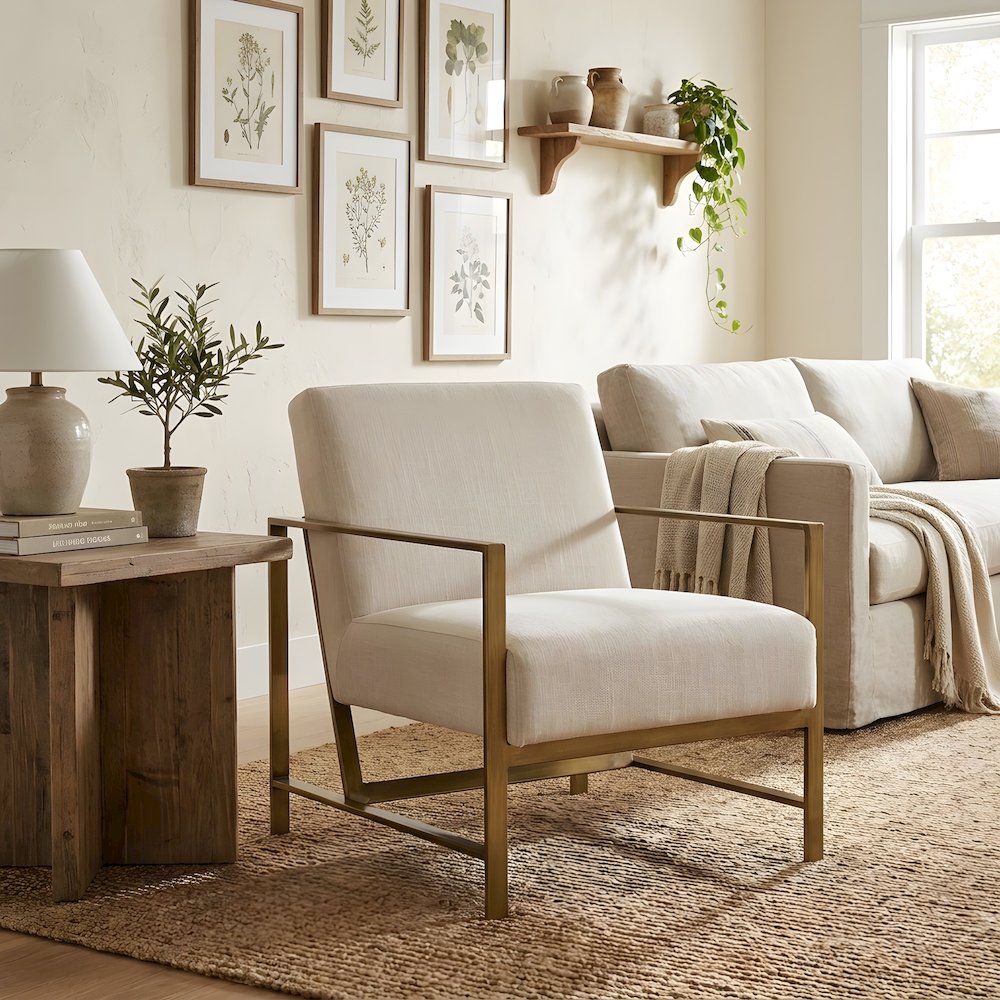 Fabric-Upholstered Accent Lounge Chair with Brushed Gold Legs, Shortbread