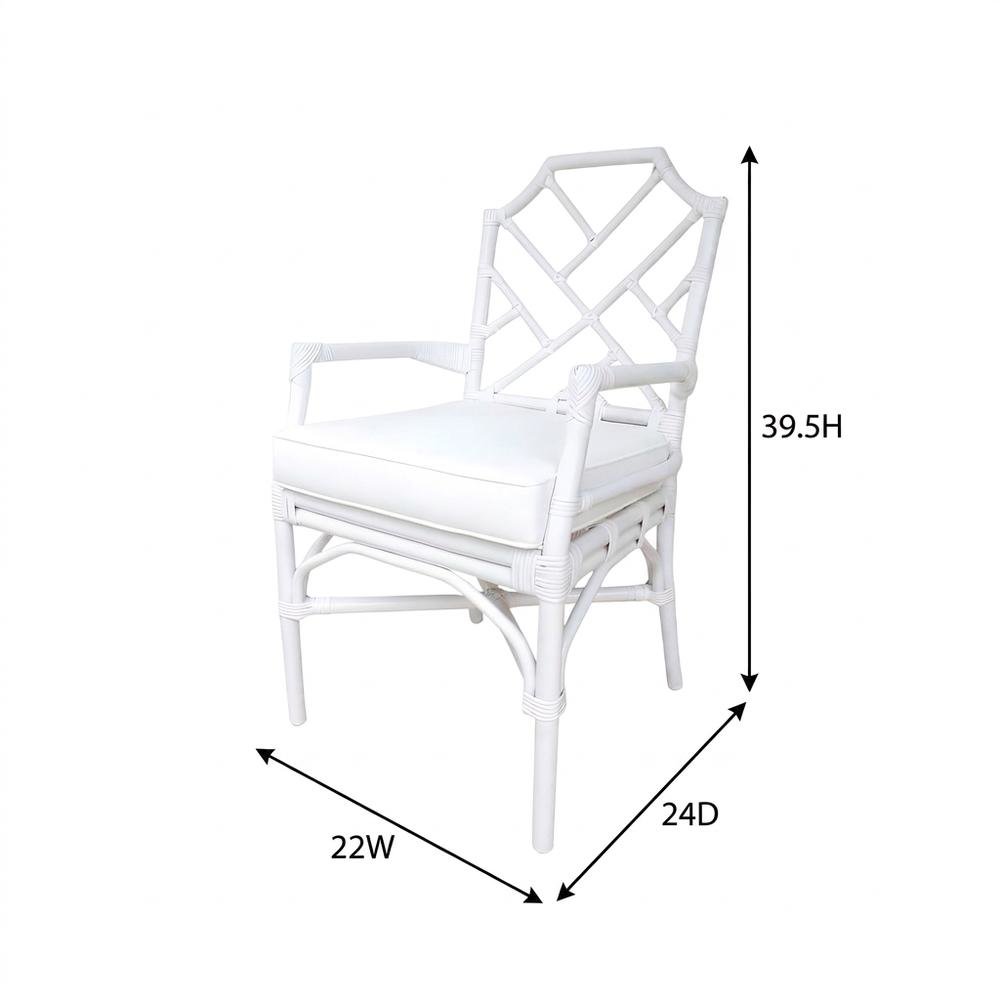Fabric Upholstered Rattan Armchair with Chinese Chippendale Shield Back, White