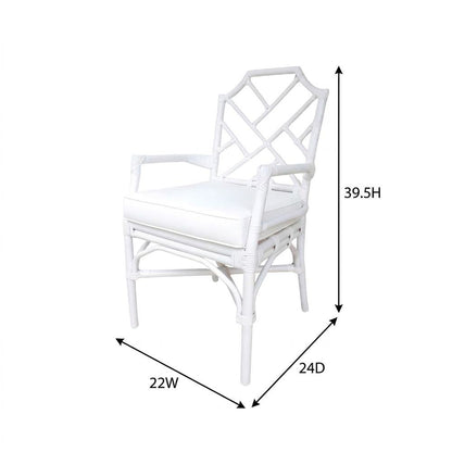 Fabric Upholstered Rattan Armchair with Chinese Chippendale Shield Back, White
